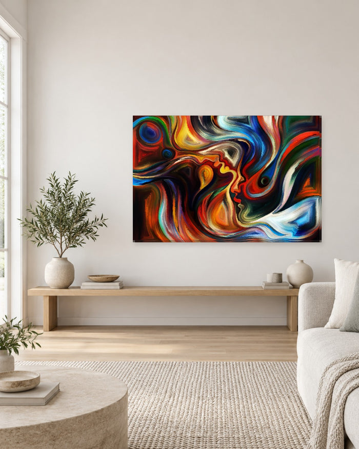 Abstract Swirling Faces Canvas Wall Art - Red Orange and Blue Profiles - Gallery Canvas - 38mm / 48 x 32 / Unframed preview