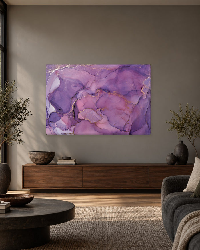 Purple Pink and Gold Marble Abstract Canvas Wall Art - Lilac Ink Layers - Gallery Canvas - 38mm / 48 x 32 / Unframed preview