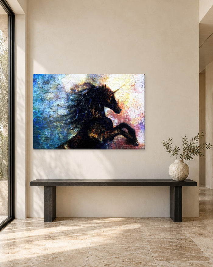 Black Unicorn Painting Canvas Wall Art - Rearing Horse on Blue and Gold - Gallery Canvas - 38mm / 48 x 32 / Unframed preview