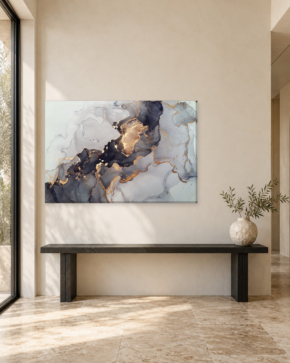 Black White and Gold Marble Effect Canvas Wall Art - Smoky Ink Abstract - Gallery Canvas - 38mm / 48 x 32 / Unframed preview