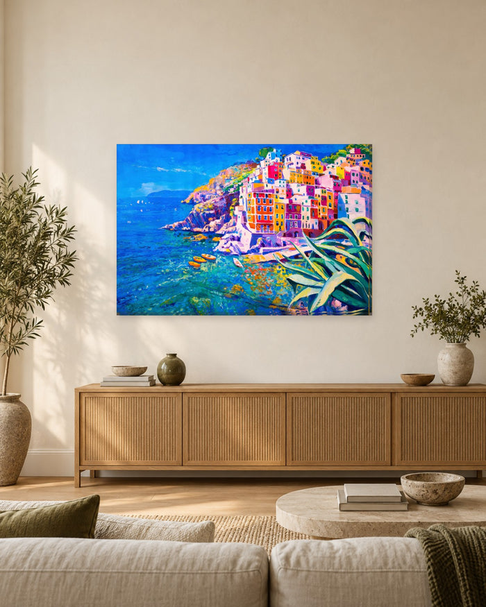Colourful Coastal Village Painting Canvas Wall Art - Italian Seaside Town - Gallery Canvas - 38mm / 48 x 32 / Unframed preview
