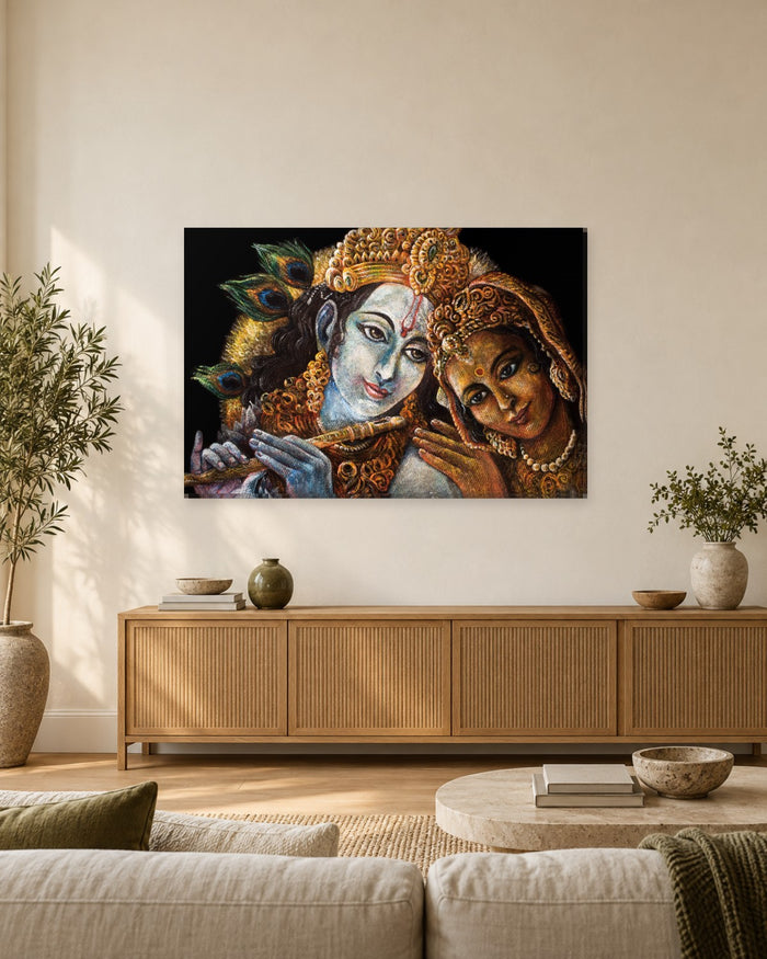 Krishna and Radha Divine Couple Canvas Wall Art - Gold and Peacock Feathers - Gallery Canvas - 38mm / 48 x 32 / Unframed preview