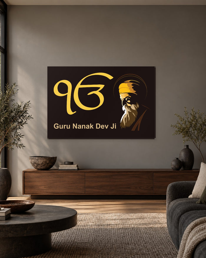 Guru Nanak Dev Ji and Ek Onkar Canvas Wall Art - Gold on Black - Gallery Canvas - 38mm / 48 x 32 / Unframed preview