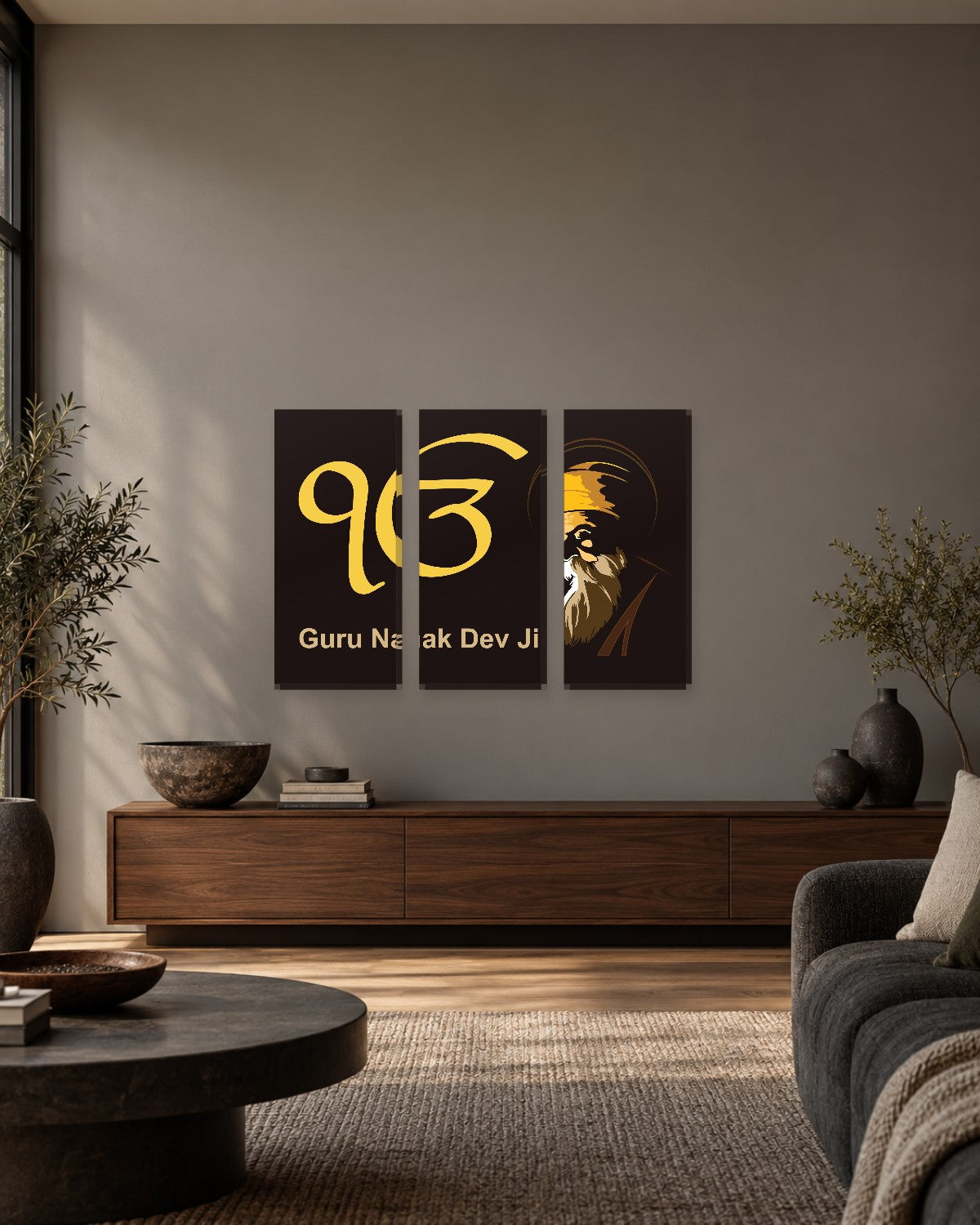 Guru Nanak Dev Ji and Ek Onkar Canvas Wall Art - Gold on Black - Gallery Canvas - 38mm / 48 x 32 / Unframed preview