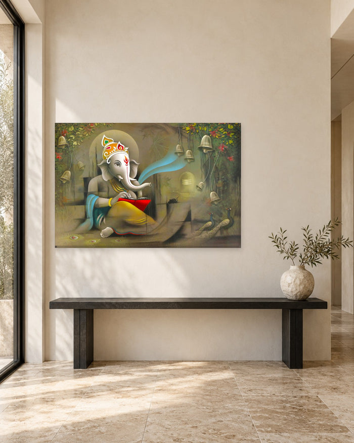 Lord Ganesha Painting Canvas Wall Art - Ganesh with Temple Bells - Gallery Canvas - 38mm / 48 x 32 / Unframed preview