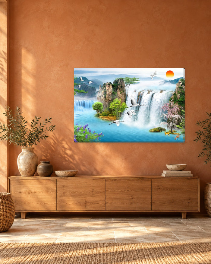 Waterfall Landscape with Cranes Canvas Wall Art - Painted Mountain Scene - Gallery Canvas - 38mm / 48 x 32 / Unframed preview
