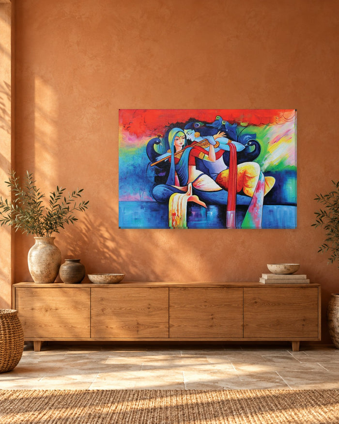 Radha Krishna with Flute Canvas Wall Art - Colourful Modern Painting - Gallery Canvas - 38mm / 48 x 32 / Unframed preview