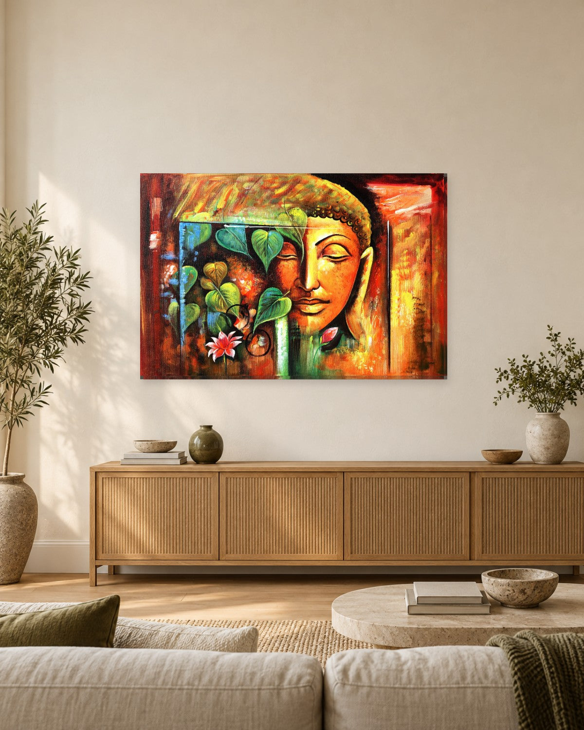 Buddha Face Painting Canvas Wall Art - Orange and Green with Lotus - Gallery Canvas - 38mm / 48 x 32 / Unframed preview