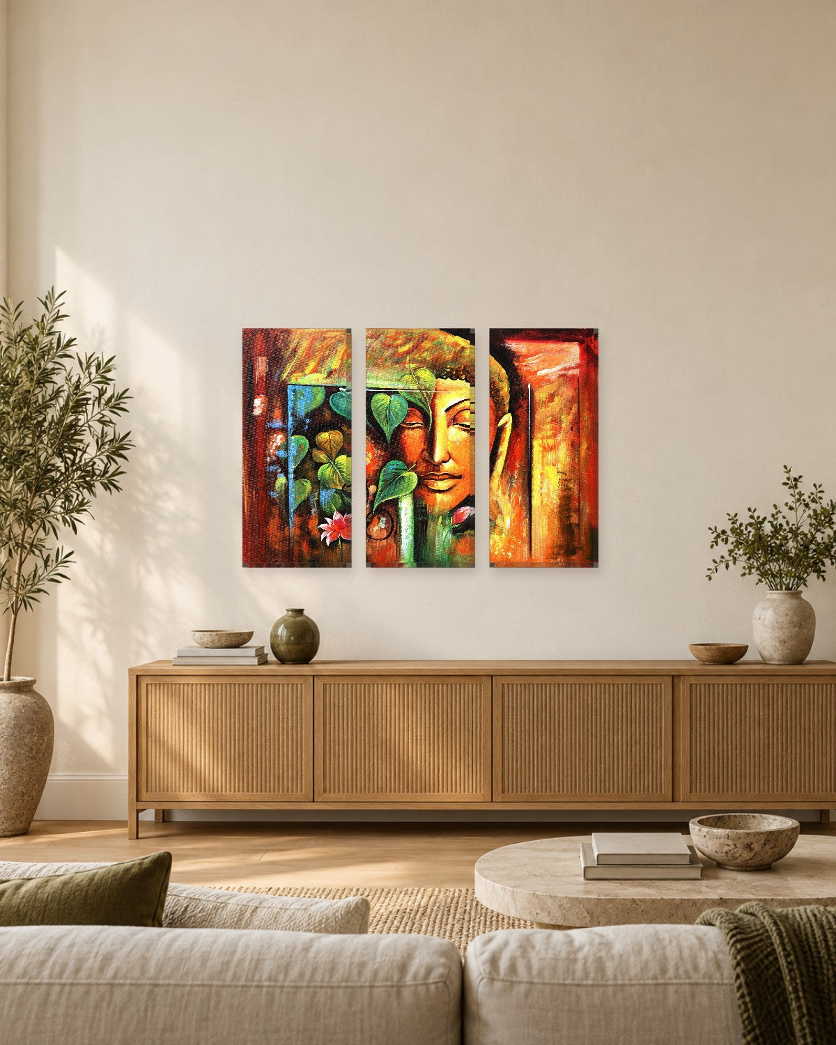 Buddha Face Painting Canvas Wall Art - Orange and Green with Lotus - Gallery Canvas - 38mm / 48 x 32 / Unframed preview