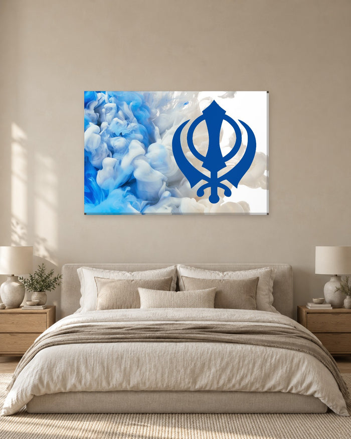 Khanda Sikh Symbol Canvas Wall Art - Royal Blue and White Smoke - Gallery Canvas - 38mm / 48 x 32 / Unframed preview