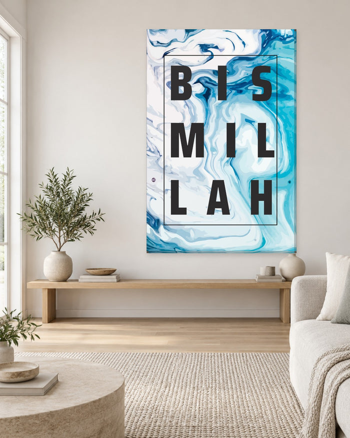 Bismillah Wall Art - Bold English Lettering on Blue and White Marble Portrait Canvas - Gallery Canvas - 38mm / 48 x 32 / Unframed preview