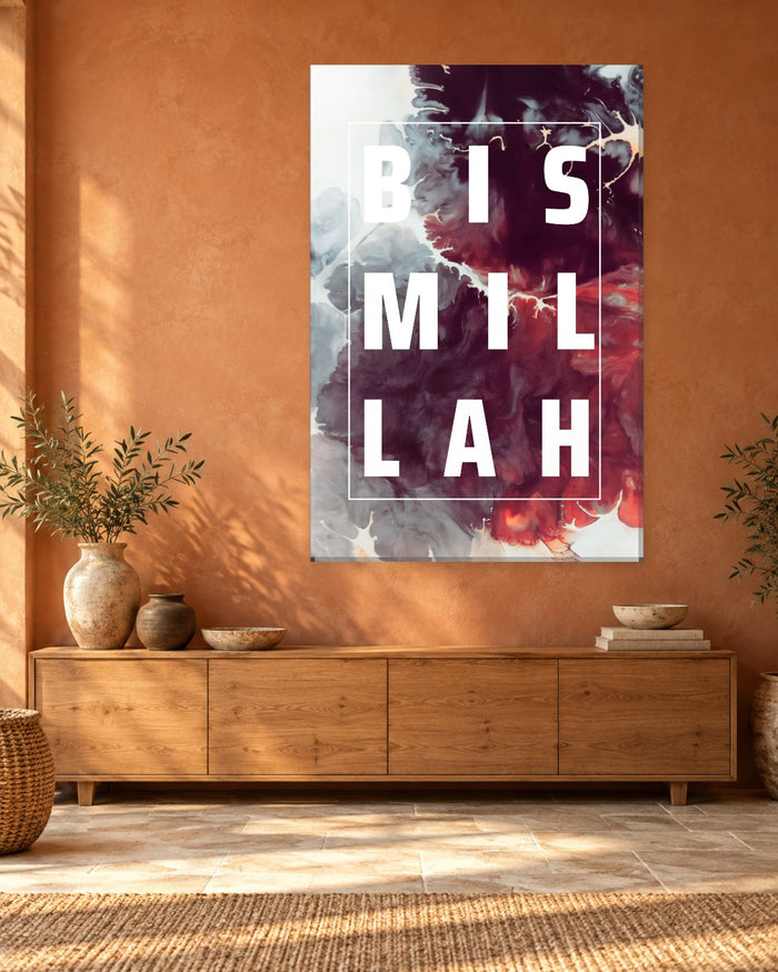 Bismillah Wall Art - Bold English Lettering on Plum and Red Ink Portrait Canvas - Gallery Canvas - 38mm / 48 x 32 / Unframed preview