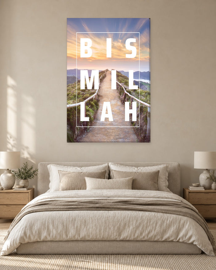 Bismillah Wall Art - Bold English Lettering on Sunset Mountain Path Portrait Canvas - Gallery Canvas - 38mm / 48 x 32 / Unframed preview