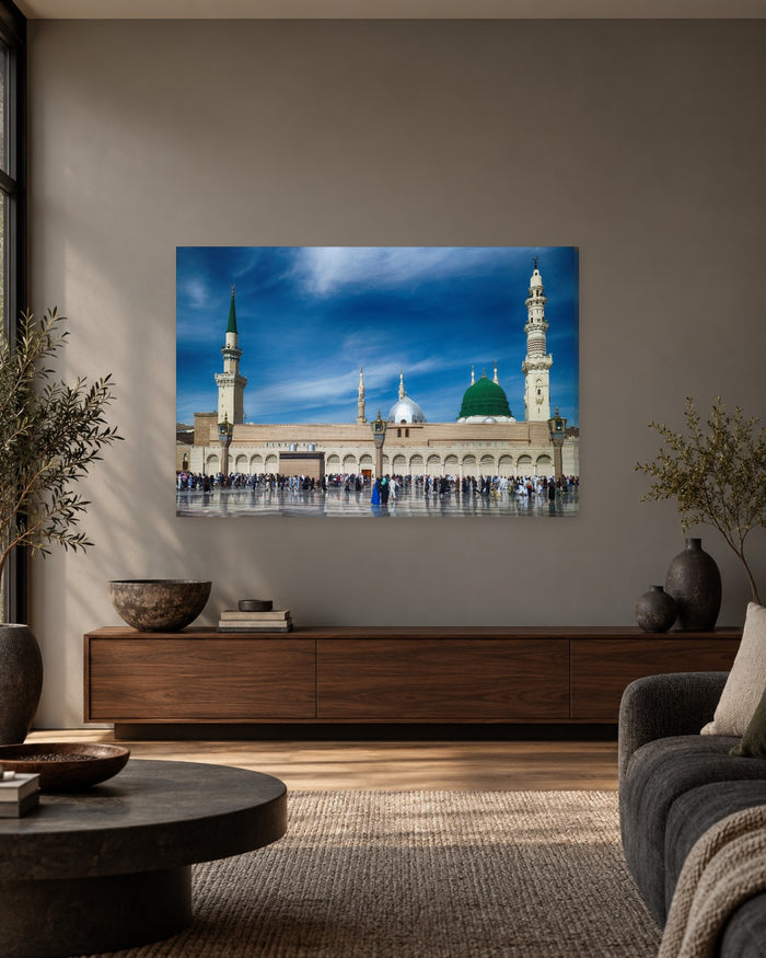 Masjid an-Nabawi Canvas Wall Art - Green Dome and Minarets Under a Blue Sky, Madinah - Gallery Canvas - 38mm / 48 x 32 / Unframed preview