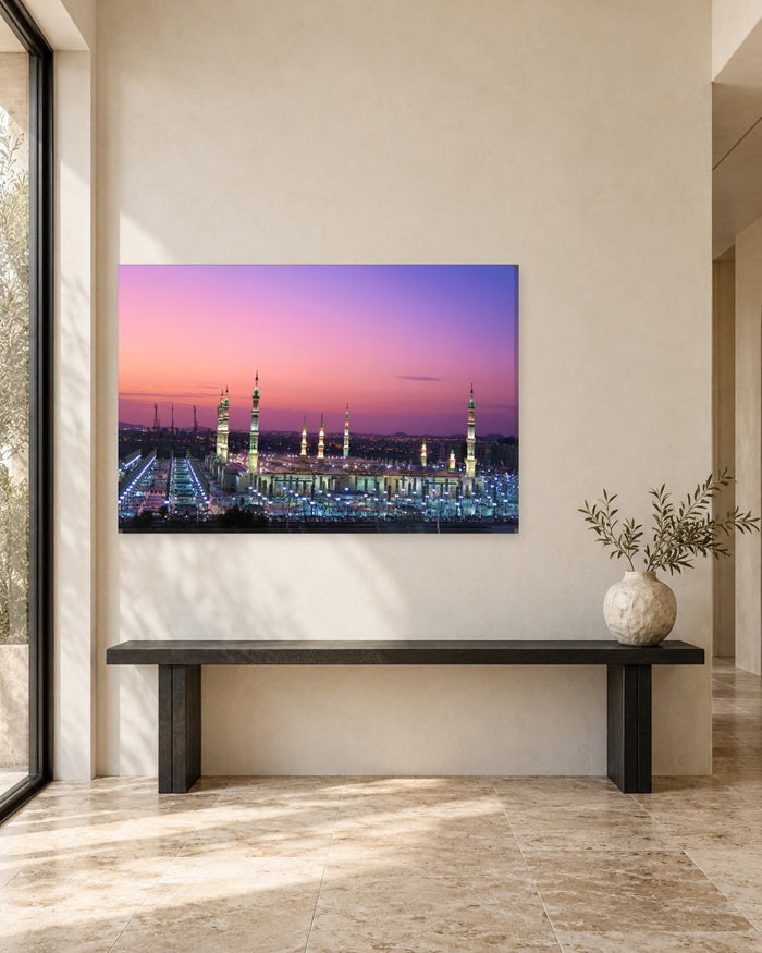 Masjid an-Nabawi Canvas Wall Art - Night Lights Under a Pink Sunset Sky, Madinah - Gallery Canvas - 38mm / 48 x 32 / Unframed preview