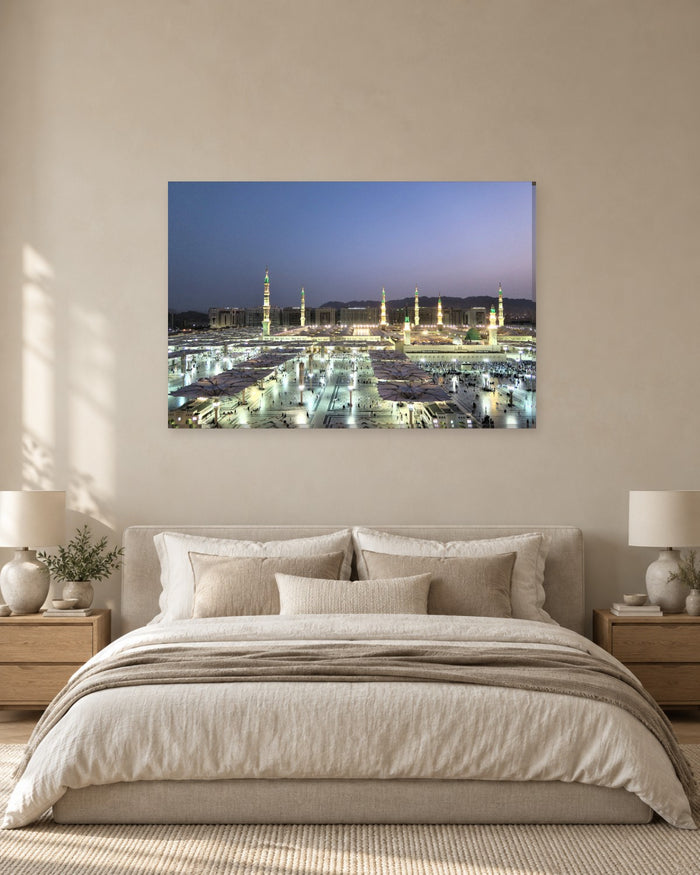 Masjid an-Nabawi Canvas Wall Art - Madinah at Night with Lit Courtyard Umbrellas - Gallery Canvas - 38mm / 48 x 32 / Unframed preview