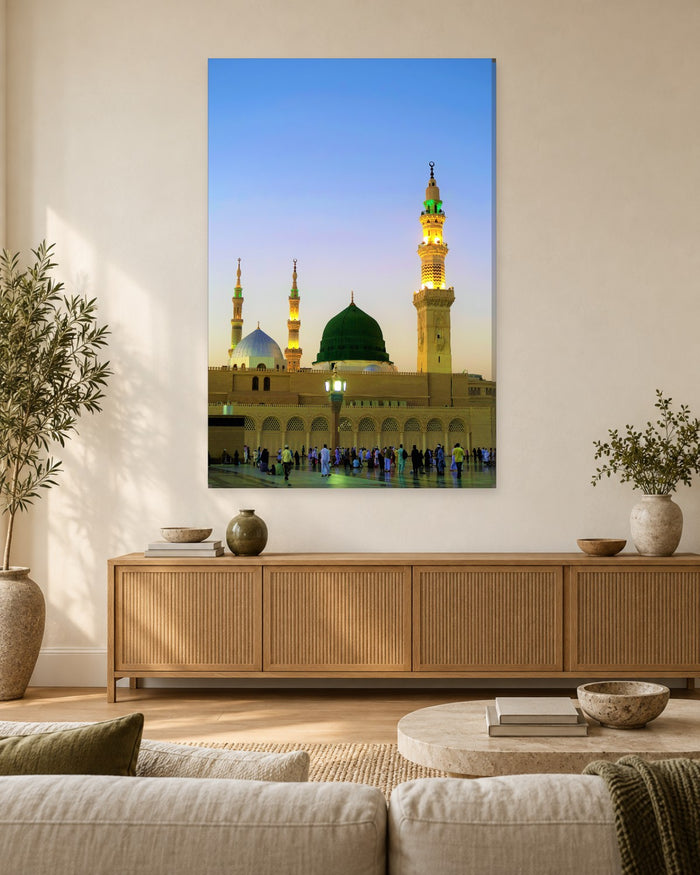 Masjid an-Nabawi Portrait Canvas Wall Art - Green Dome and Minaret at Sunset, Madinah - Gallery Canvas - 38mm / 48 x 32 / Unframed preview