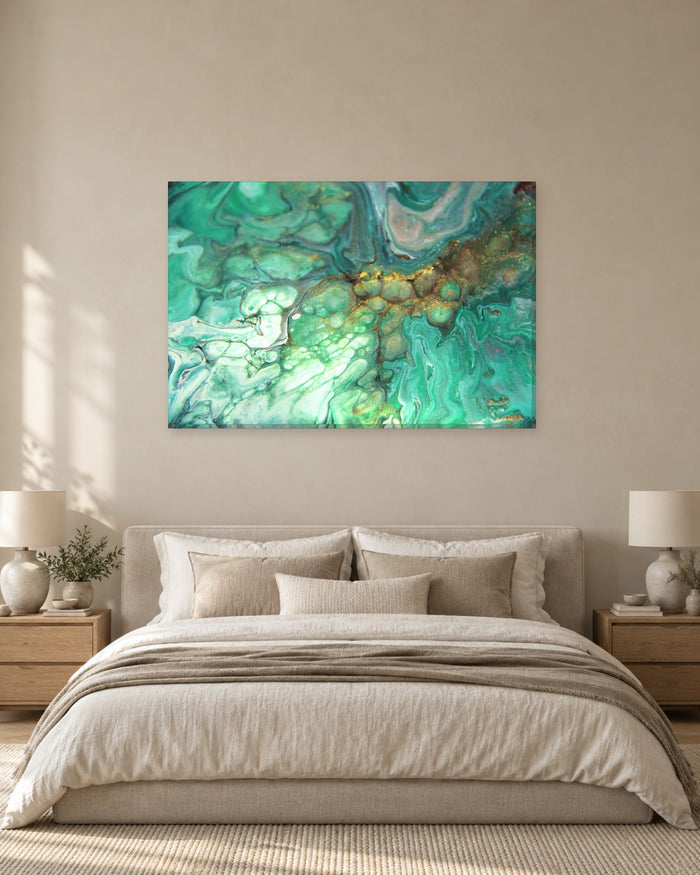 Abstract Liquid Marble Canvas Wall Art - Emerald Green Ink with Gold Cells - Gallery Canvas - 38mm / 48 x 32 / Unframed preview