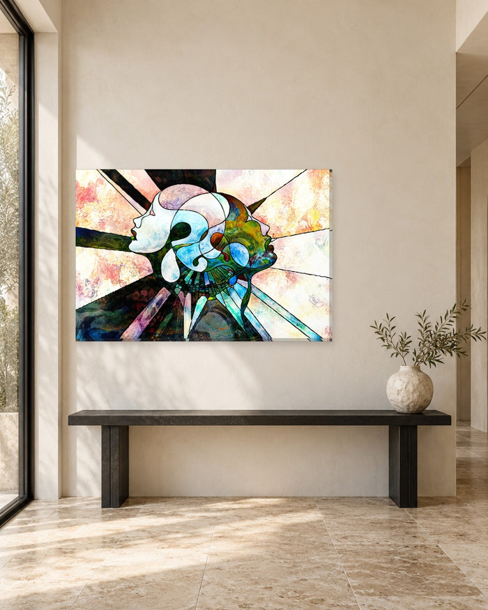 Stained Glass Abstract Canvas Wall Art - Human Profiles in Coloured Glass - Gallery Canvas - 38mm / 48 x 32 / Unframed preview