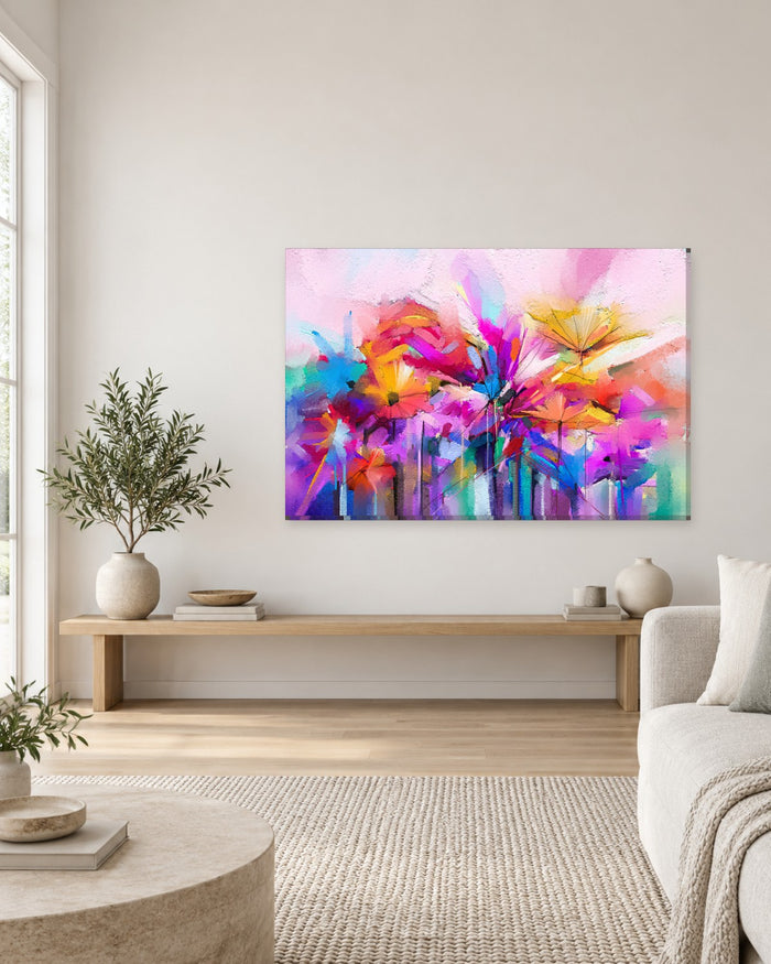 Abstract Flowers Canvas Wall Art - Colourful Oil Painting in Pink, Yellow and Blue - Gallery Canvas - 38mm / 48 x 32 / Unframed preview
