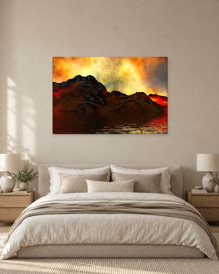 Volcano Canvas Wall Art - Fiery Eruption Over Dark Water - Gallery Canvas - 38mm / 48 x 32 / Unframed preview