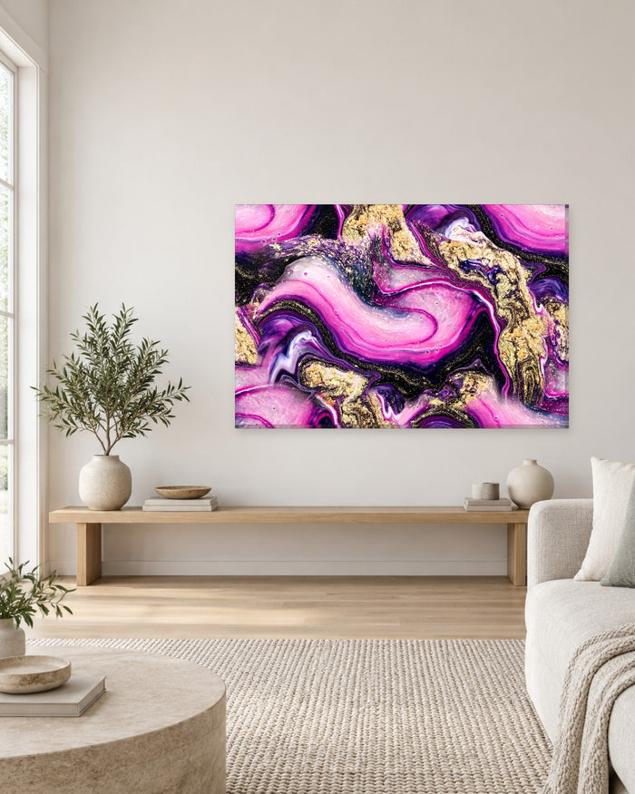 Abstract Liquid Marble Canvas Wall Art - Magenta, Purple and Gold Swirls - Gallery Canvas - 38mm / 48 x 32 / Unframed preview