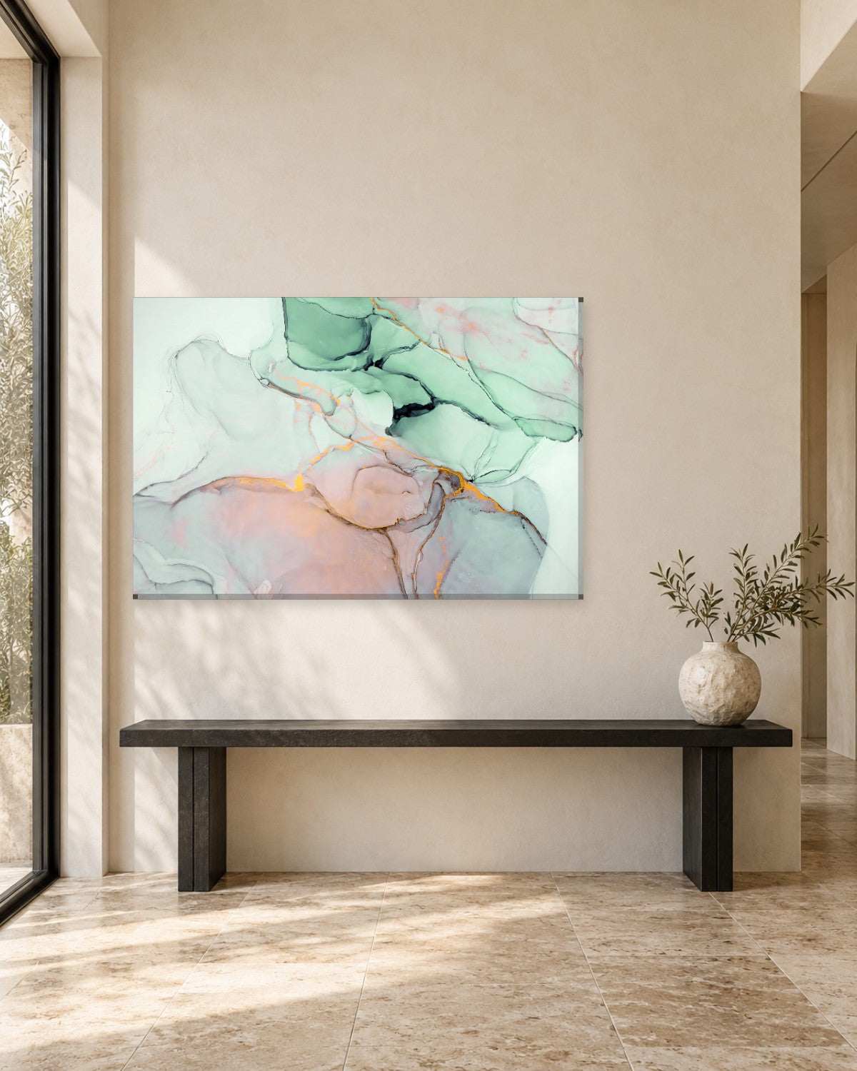Abstract Ink Canvas Wall Art - Sage Green, Blush and Gold on White - Gallery Canvas - 38mm / 48 x 32 / Unframed preview