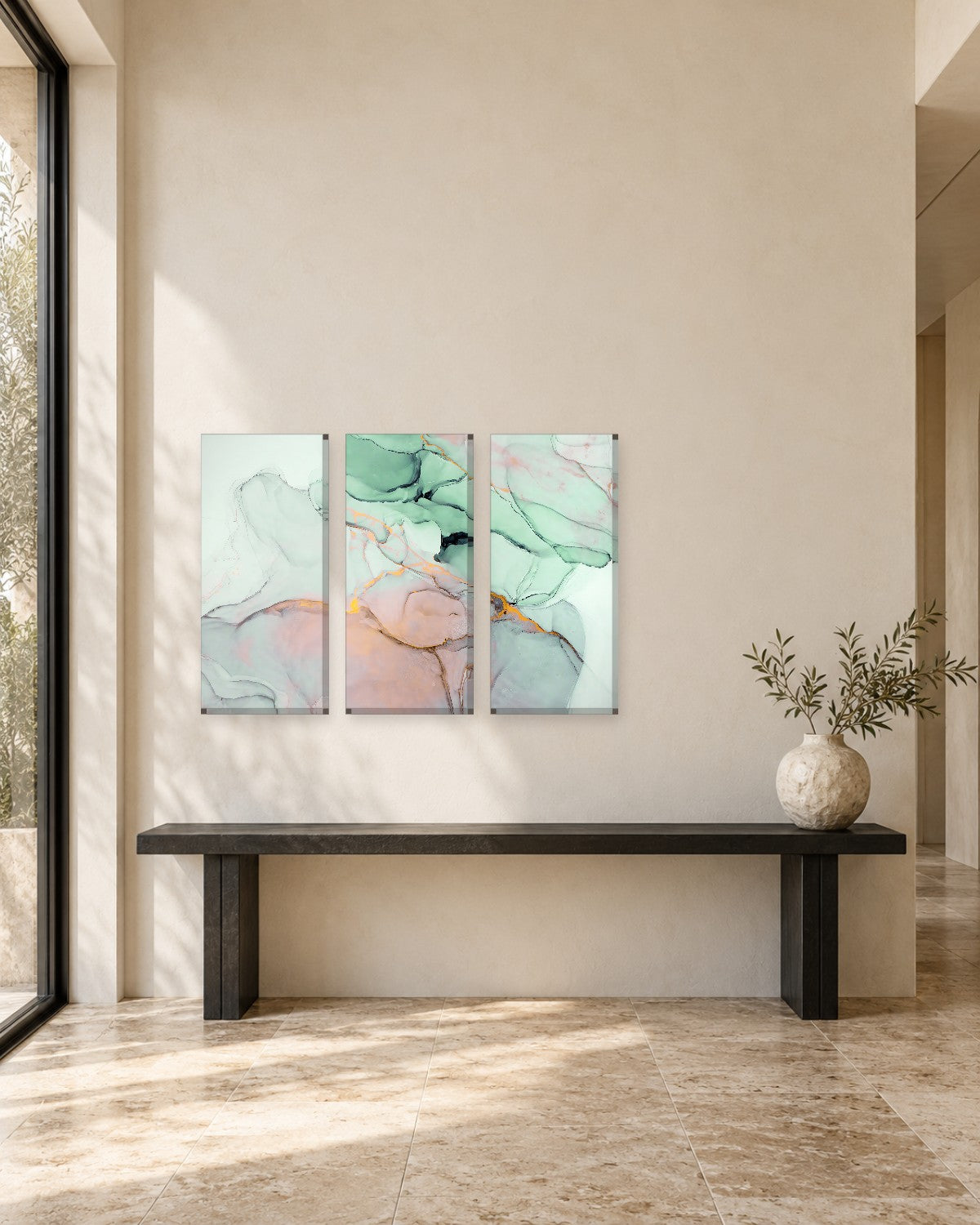 Abstract Ink Canvas Wall Art - Sage Green, Blush and Gold on White - Gallery Canvas - 38mm / 48 x 32 / Unframed preview