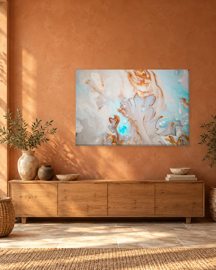 Abstract Liquid Marble Canvas Wall Art - Turquoise and Copper Gold Ink on Cream - Gallery Canvas - 38mm / 48 x 32 / Unframed preview