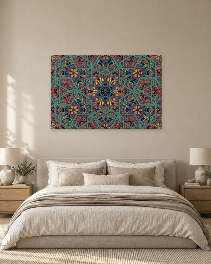 Islamic Geometric Pattern Canvas Wall Art - Teal and Orange Arabesque Stars - Gallery Canvas - 38mm / 48 x 32 / Unframed preview