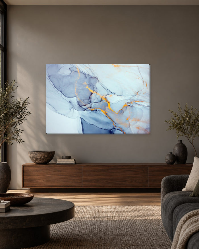 Abstract Liquid Marble Canvas Wall Art - Pale Blue and Gold Ink - Gallery Canvas - 38mm / 48 x 32 / Unframed preview