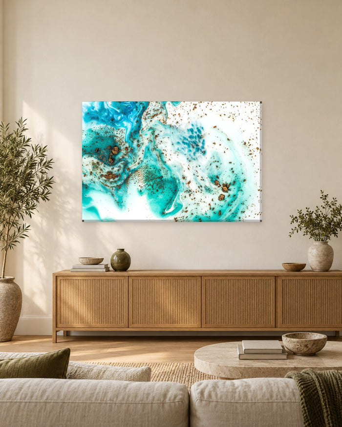 Abstract Liquid Marble Canvas Wall Art - Turquoise Ink and Gold Flecks on White - Gallery Canvas - 38mm / 48 x 32 / Unframed preview