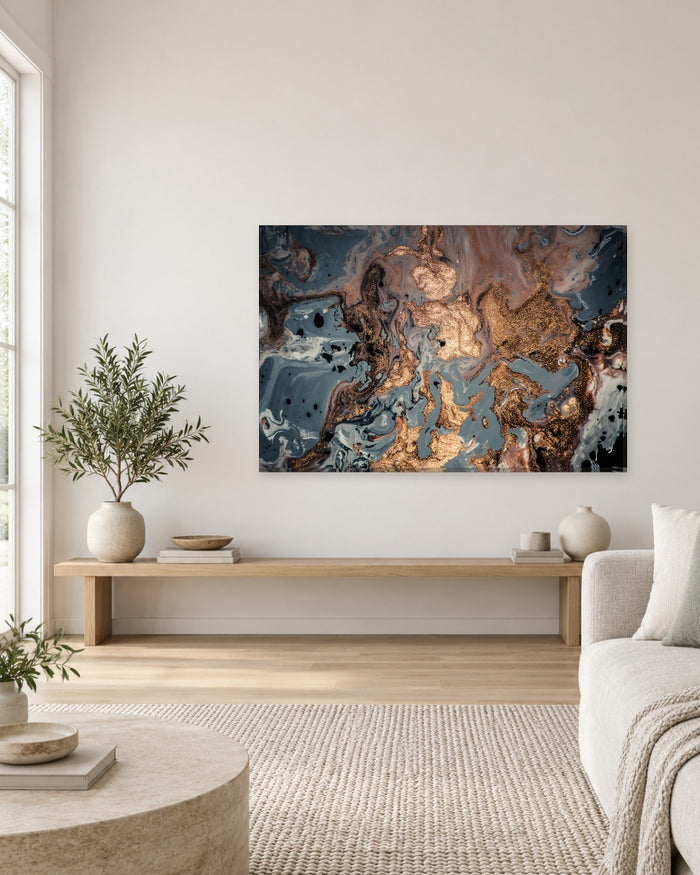 Abstract Liquid Marble Canvas Wall Art - Bronze, Copper and Grey Ink - Gallery Canvas - 38mm / 48 x 32 / Unframed preview