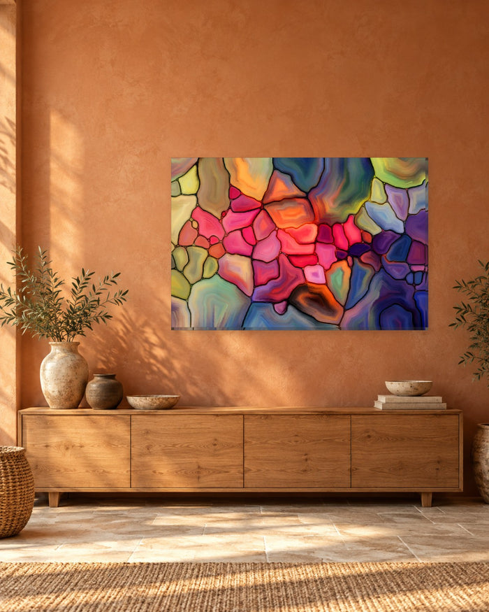 Abstract Stained Glass Canvas Wall Art - Pink, Red and Blue Glass Fragments - Gallery Canvas - 38mm / 48 x 32 / Unframed preview