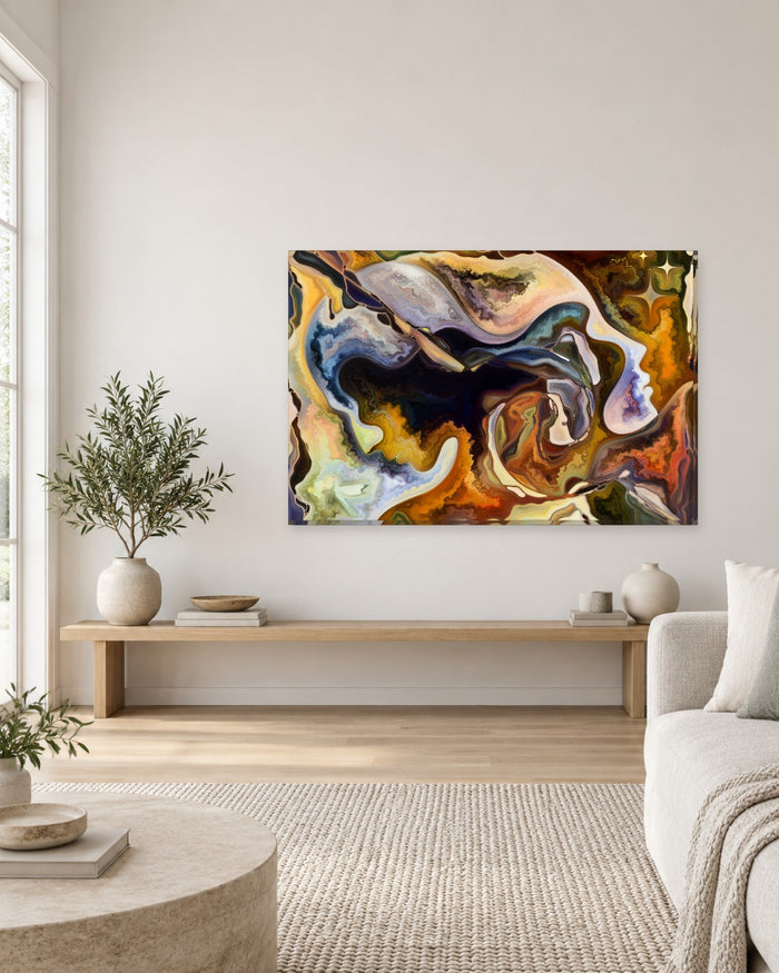 Abstract Faces Canvas Wall Art - Flowing Gold, Brown and Navy Profiles - Gallery Canvas - 38mm / 48 x 32 / Unframed preview