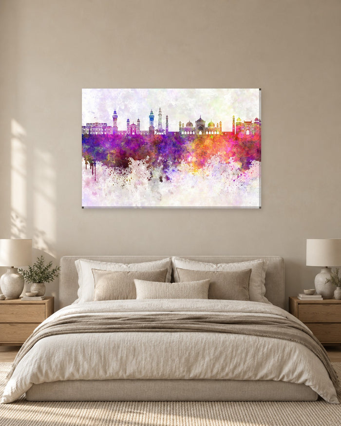 Lahore Skyline Canvas Wall Art - Purple, Pink and Orange Watercolour Splash, Pakistan - Gallery Canvas - 38mm / 48 x 32 / Unframed preview