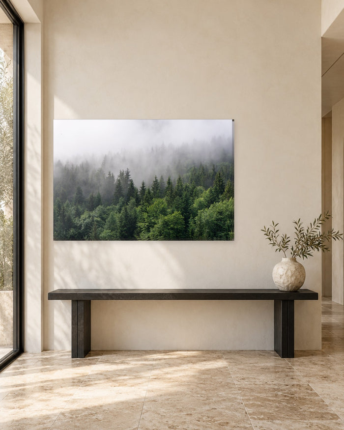Misty Pine Forest Canvas Wall Art - Tall Green Trees in Dense Fog - Gallery Canvas - 38mm / 48 x 32 / Unframed preview