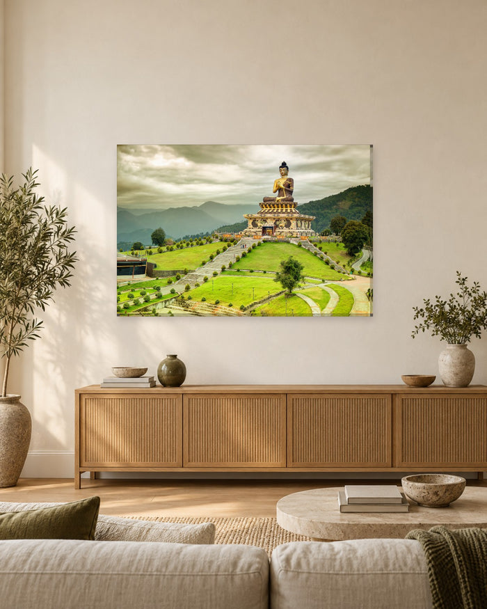 Buddha Statue Canvas Wall Art - Golden Buddha at Rabangla, Sikkim, India - Gallery Canvas - 38mm / 48 x 32 / Unframed preview