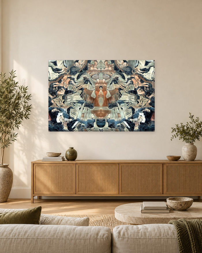 Van Gogh's Dream Abstract Canvas Wall Art - Mirrored Swirls in Rust, Cream and Navy - Gallery Canvas - 38mm / 48 x 32 / Unframed preview