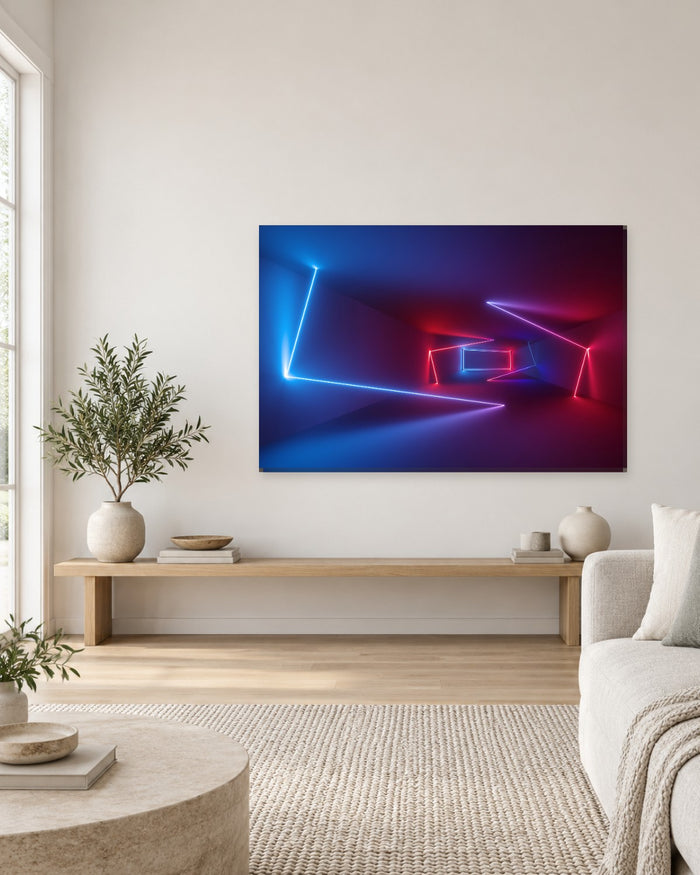 Neon Lights Abstract Canvas Wall Art - 3D Glowing Lines in Blue, Red and Purple - Gallery Canvas - 38mm / 48 x 32 / Unframed preview