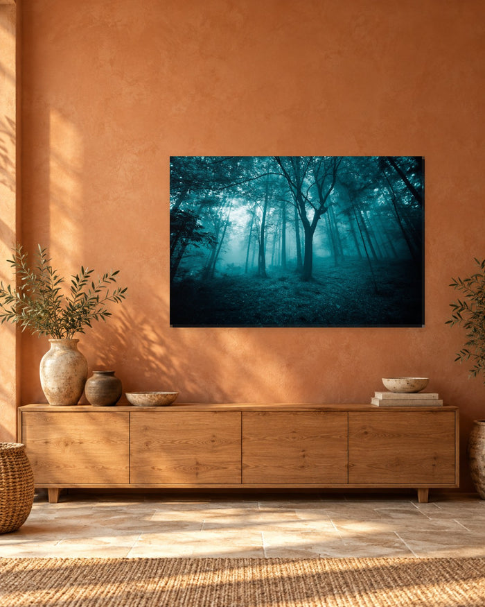 Misty Forest Canvas Wall Art - Teal Fog Through Dark Trees - Gallery Canvas - 38mm / 48 x 32 / Unframed preview