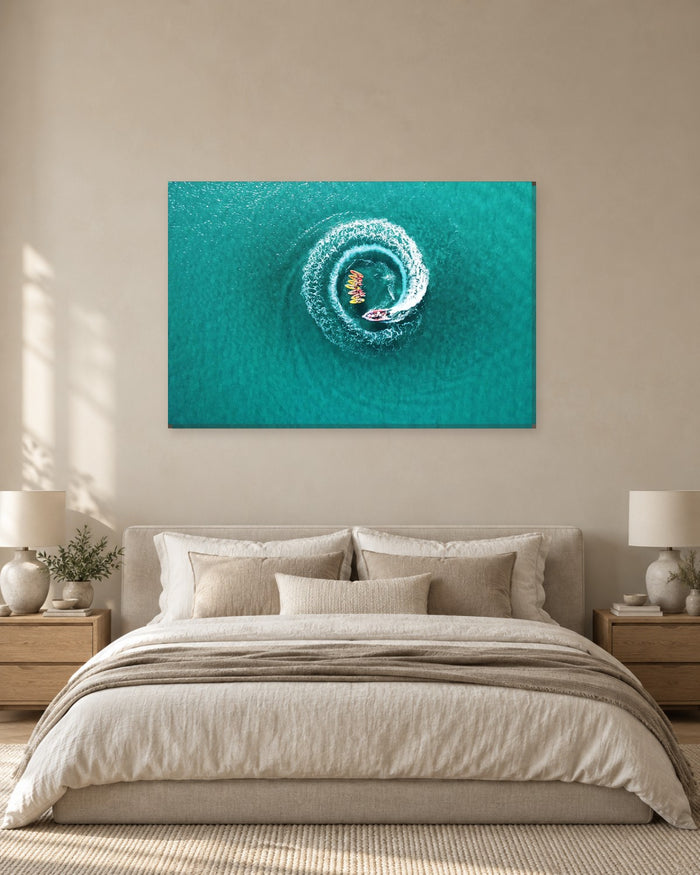 Speedboat Canvas Wall Art - Aerial View of a Spiral Wake in a Turquoise Sea - Gallery Canvas - 38mm / 48 x 32 / Unframed preview