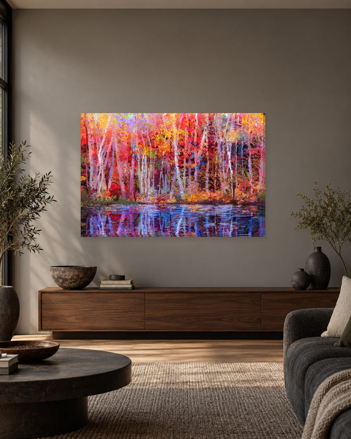 Autumn Forest Canvas Wall Art - Colourful Oil Effect Trees Reflected in a Lake - Gallery Canvas - 38mm / 48 x 32 / Unframed preview