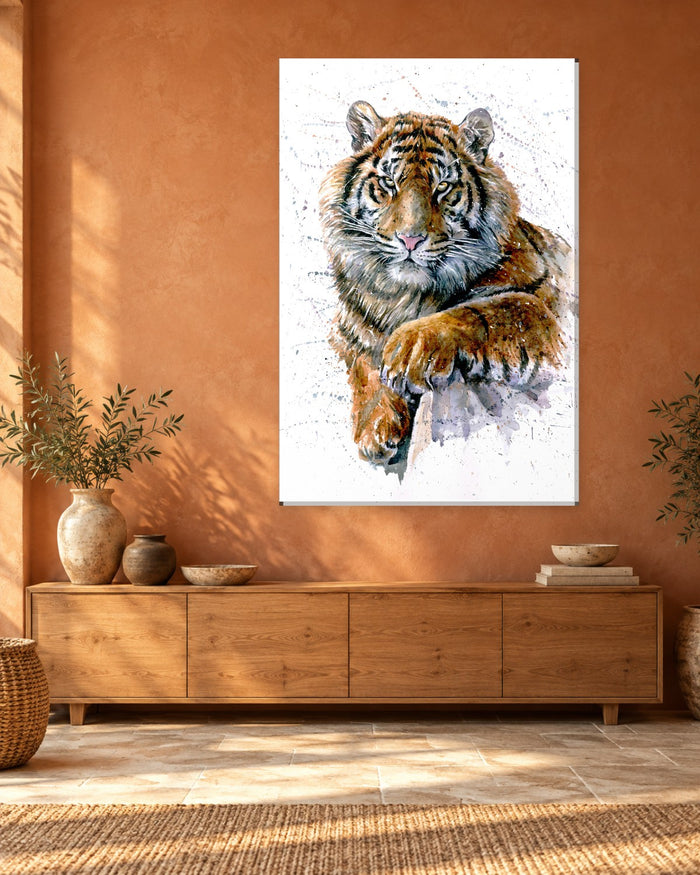 Tiger Watercolour Canvas Wall Art - Resting Tiger on White, Portrait - Gallery Canvas - 38mm / 48 x 32 / Unframed preview