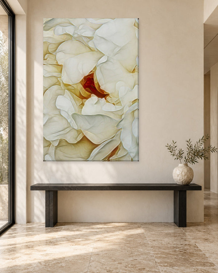 Peony Canvas Wall Art - Cream Peony Petals Close Up, Portrait - Gallery Canvas - 38mm / 48 x 32 / Unframed preview