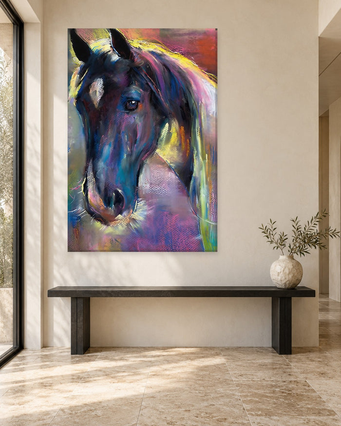 Horse Portrait Canvas Wall Art - Multicolour Oil-Effect Painting in Purple and Blue - Gallery Canvas - 38mm / 48 x 32 / Unframed preview