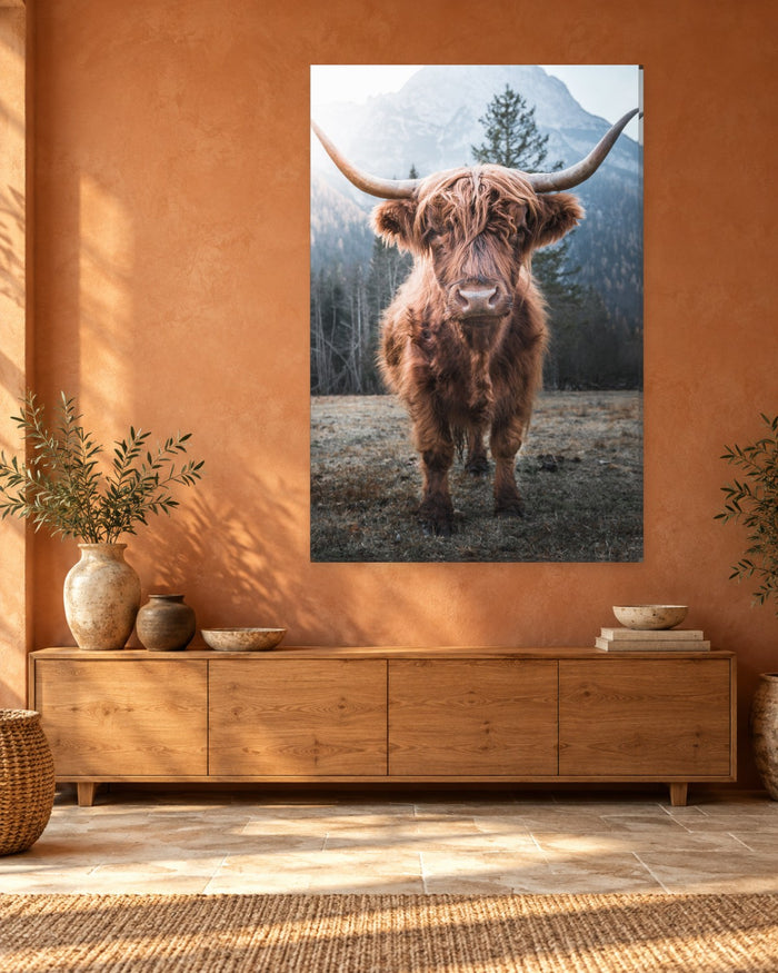 Highland Cow Canvas Wall Art - Long-Horned Highland Cattle in a Frosty Meadow, Portrait - Gallery Canvas - 38mm / 48 x 32 / Unframed preview