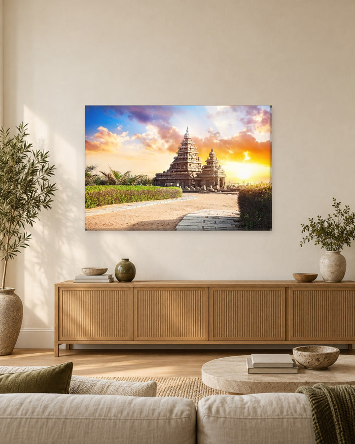 Shore Temple Canvas Wall Art - Mahabalipuram Temple at Sunset, Tamil Nadu, India - Gallery Canvas - 38mm / 48 x 32 / Unframed preview