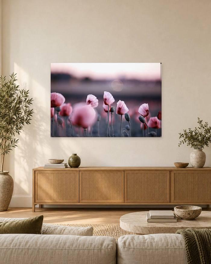 Pink Poppy Field Canvas Wall Art - Soft Focus Flowers at Dusk - Gallery Canvas - 38mm / 48 x 32 / Unframed preview