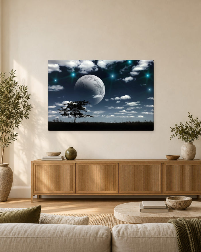 Moonlit Night Canvas Wall Art - Full Moon, Stars and a Lone Tree - Gallery Canvas - 38mm / 48 x 32 / Unframed preview